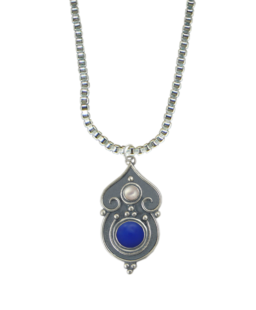 Sterling Silver Necklace Blue Onyx And Cultured Freshwater Pearl
